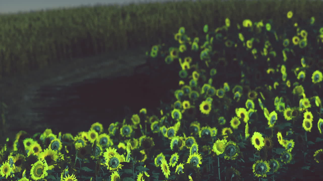Sunflower field at dusk with vibrant colors and natural beauty