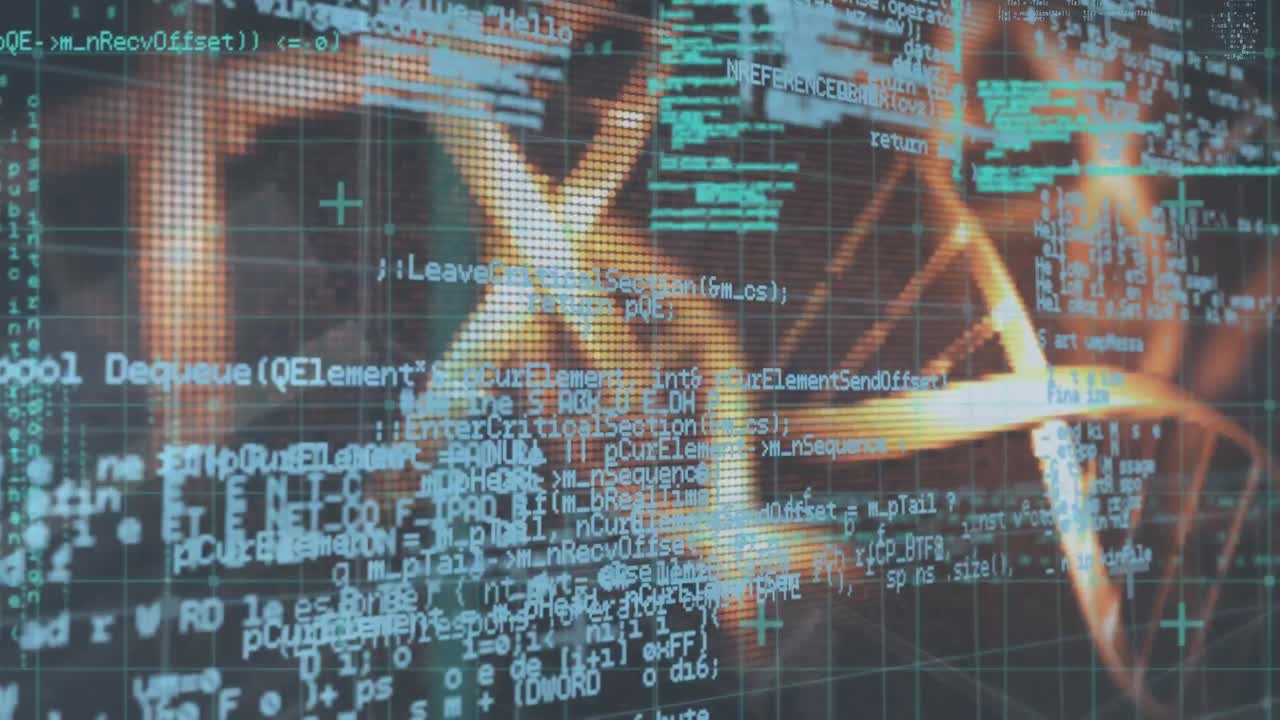 Animation of scientific data processing over dna strands on dark background