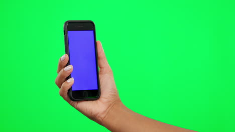 teléfono, pantalla verde y manos de la persona para social
