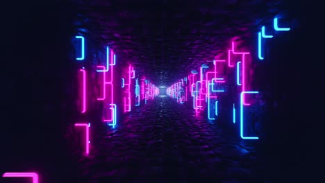 a long, dark hallway with purple and blue neon lights on both sides of it. looped animation