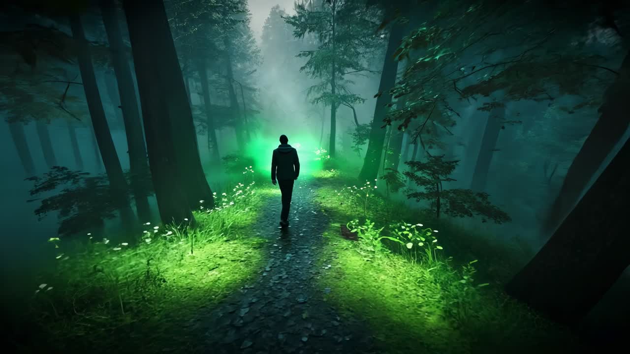 Seeing beam, man in dark jacket and pants walking along forest footpath toward green mist