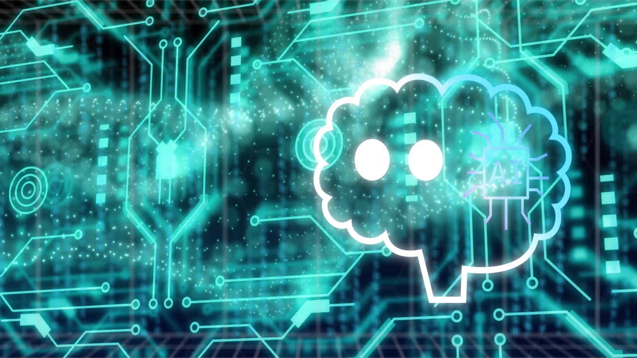 Animation of robot, binary codes in speech bubble, dynamic wave and circuit board pattern
