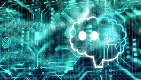 Animation of robot, binary codes in speech bubble, dynamic wave and circuit board pattern