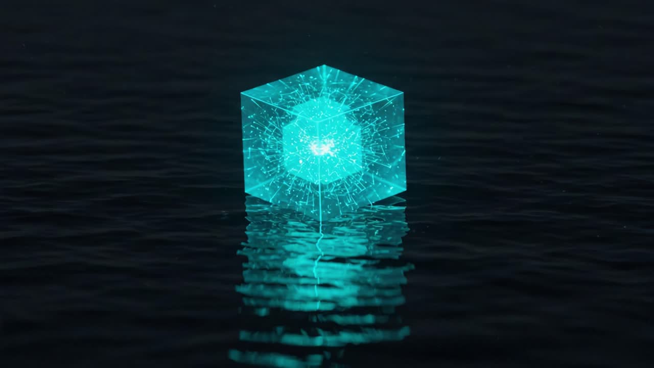 A mesmerizing glowing hexagonal cube hovers above tranquil water, radiating ethereal light and creating enchanting reflections, evoking a sense of mystery and wonder
