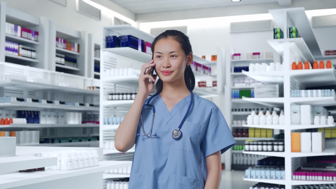 약사가 전화로 얘기하고 있어요.