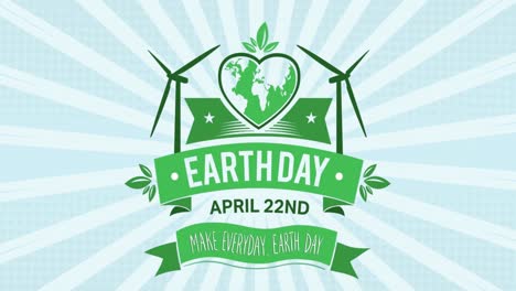 animation of earth day, wind turbines and date on blue background