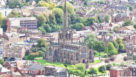 Aerial-View-Of-Anglican-Minster-Church-Of-Rotherham,-South-Yorkshire,-England,-UK