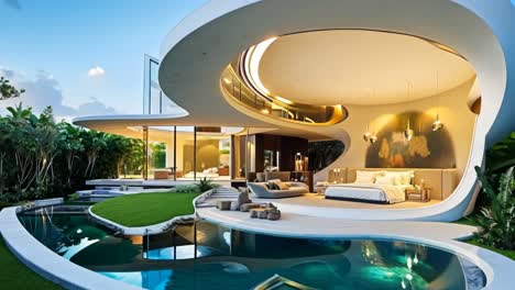 a modern house with a pool in the middle of it