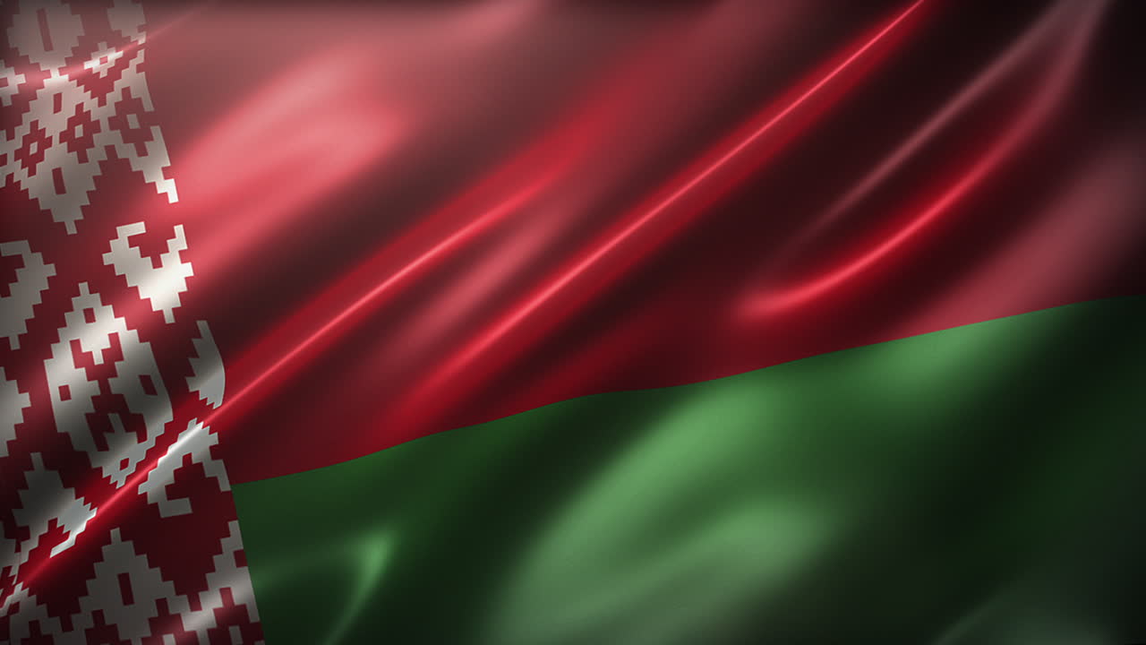 Flag of BelarusThe State Flag of Belarus, high-angle, full frame, cinematic look and feel, realistic CG animation, seamless loop-able, glossy, slow-motion wavering, elegant silky texture waving