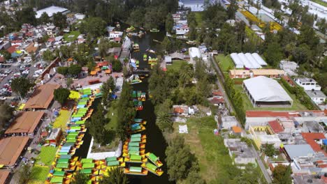 aerial shot of xochimilco and colorful trajineras