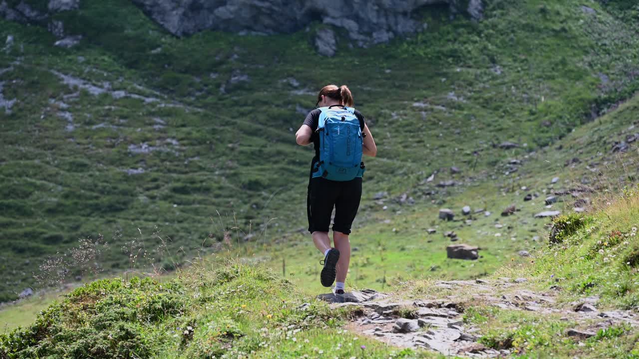 una mujer joven camina por las montañas, junto a prados floridos, ascensión de los alpes suizos, engelberg, obwalden