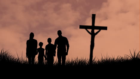 animada cruz cristiana y silueta familiar sobre nubes rosadas para el concepto de fe de pascua.