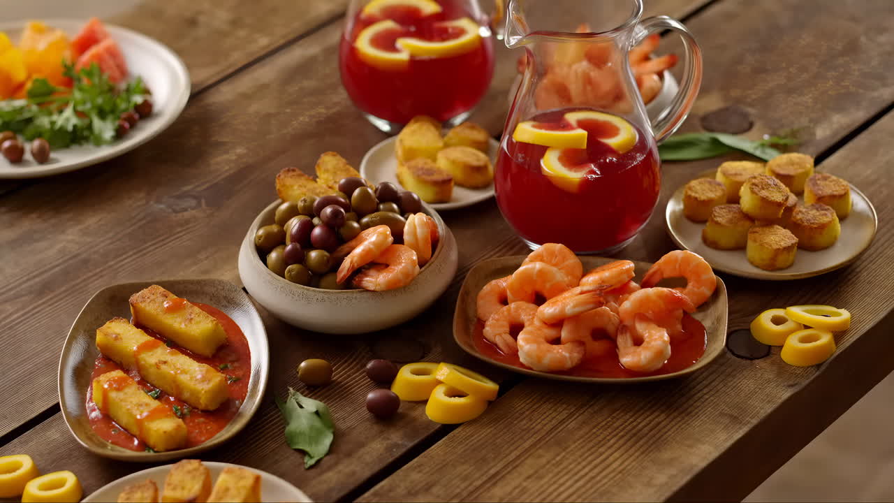 Delizioso assortimento di antipasti con gamberetti, olive e bevande su un tavolo rustico