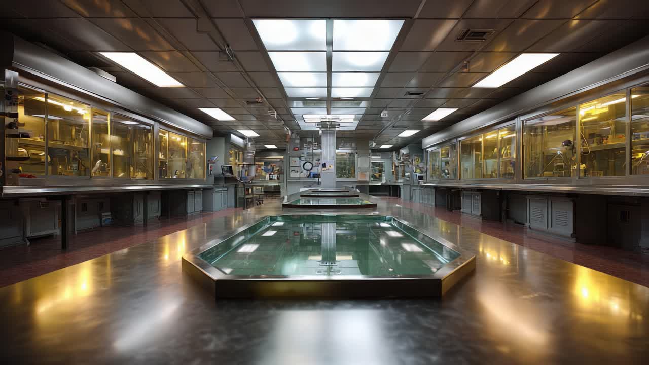 Interior de laboratorio de alta tecnología con puestos de trabajo sofisticados y estaciones acristaladas para investigación científica y experimentación de vanguardia
