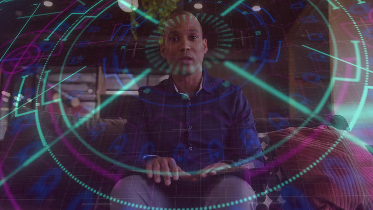 Animation of financial data processing over biracial businessman in office