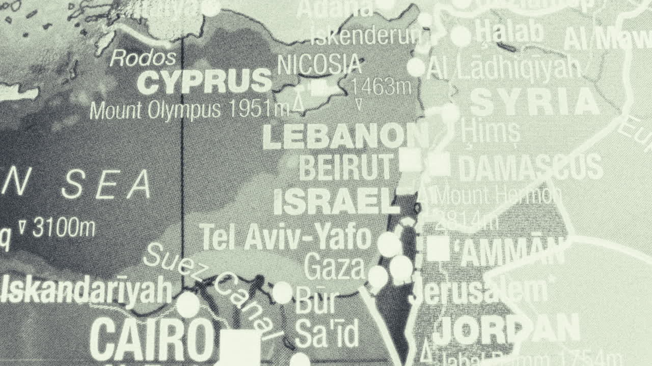 Close-up view of a map showing countries and cities in the Middle East region