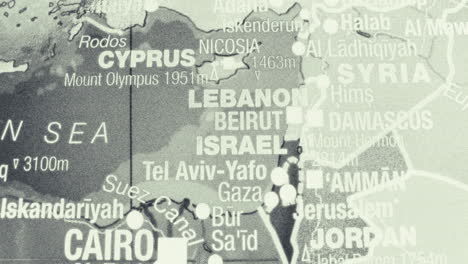 close-up view of a map showing countries and cities in the middle east region