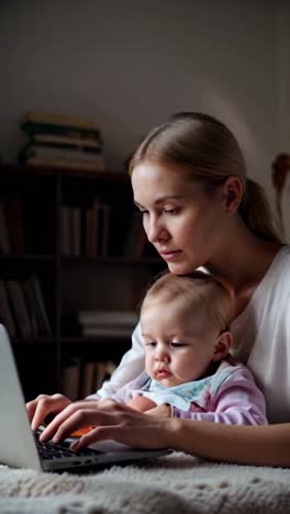 young mother working on a laptop at office home, holding her young child in her arms.