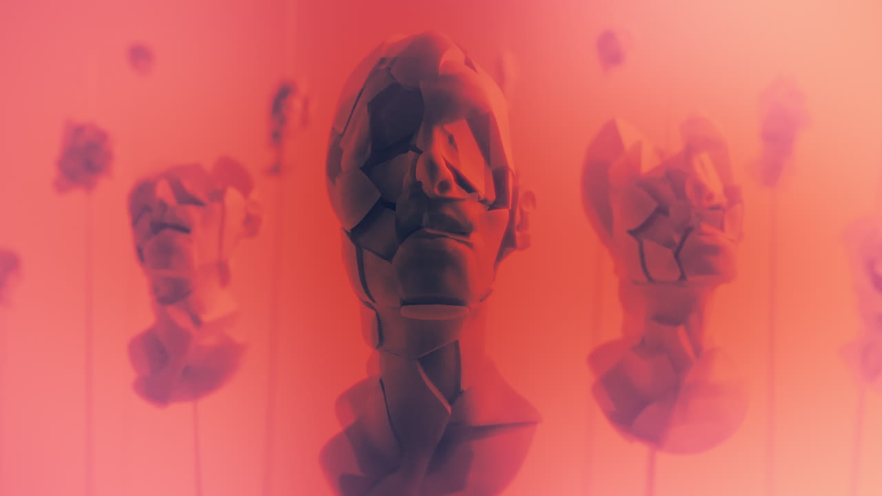 Destroyed android heads on spikes on the neon pink background