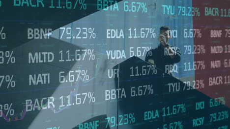animation of financial data processing over man using smartphone