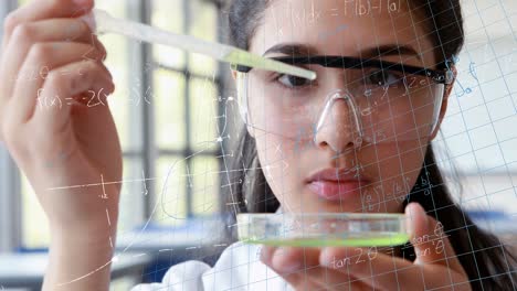 animation of mathematical equations over biracial girl performing experiment in laboratory at school