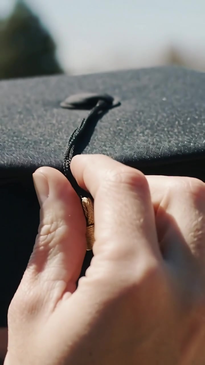 Video verticale: Mano che entra e sistema, tirando giù la nappa per posizionarla su un berretto nero all'esterno, con fermaglio dorato.