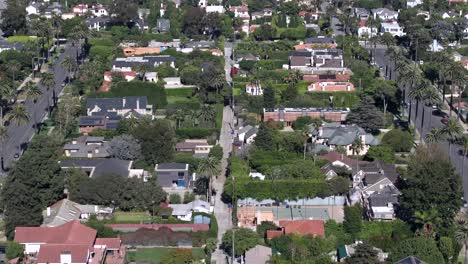 santa monica, california high-end neighborhood houses - aerial flyover, daytime, tilt down, community, suburb