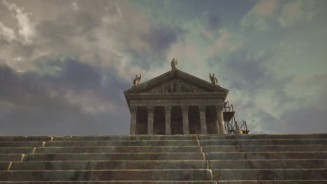 historic temple structure viewed from steps against a dramatic sky