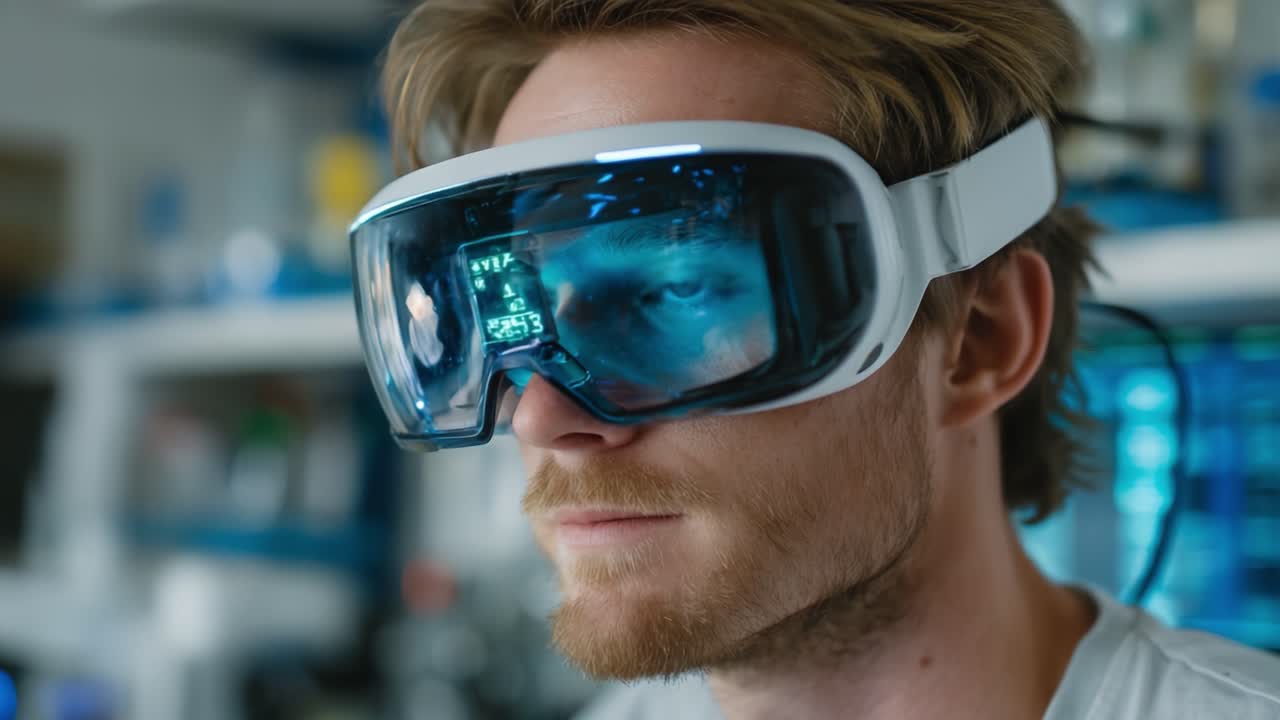 Exploring the Future: A Close-Up of an Individual Engaged in Virtual Reality with Advanced VR Headset Technology in a Modern Research Environment