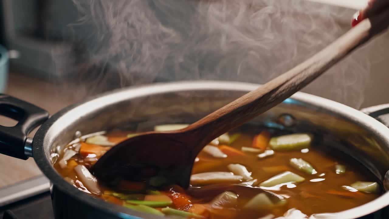 Ripresa video ravvicinata di una pentola fumante di zuppa di verdure, che cattura colori vivaci e texture