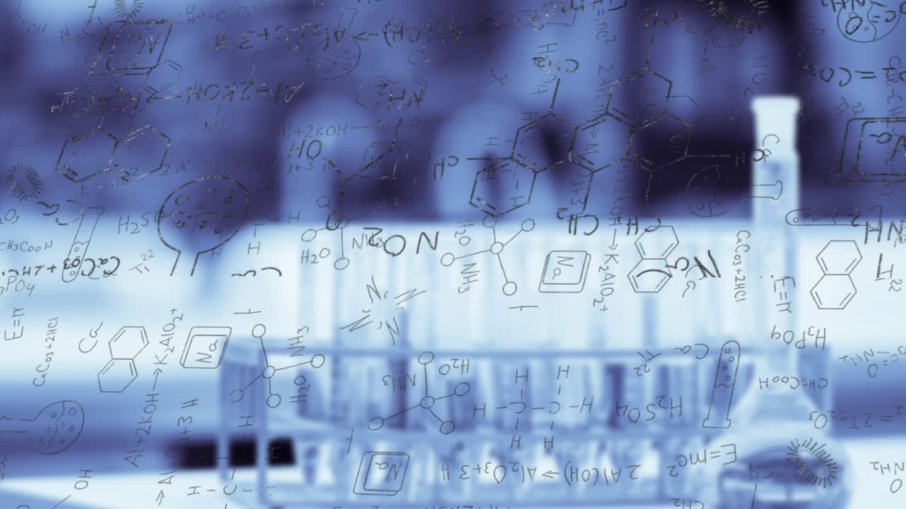 Camera shifting focus through formula-covered glass showing test tubes flask for lab display