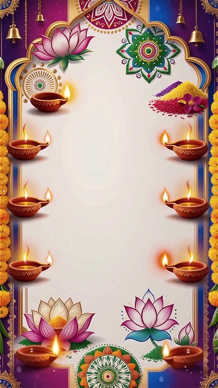 Sfondo Diwali con Diyas luminosi, Rangoli e fiori di loto