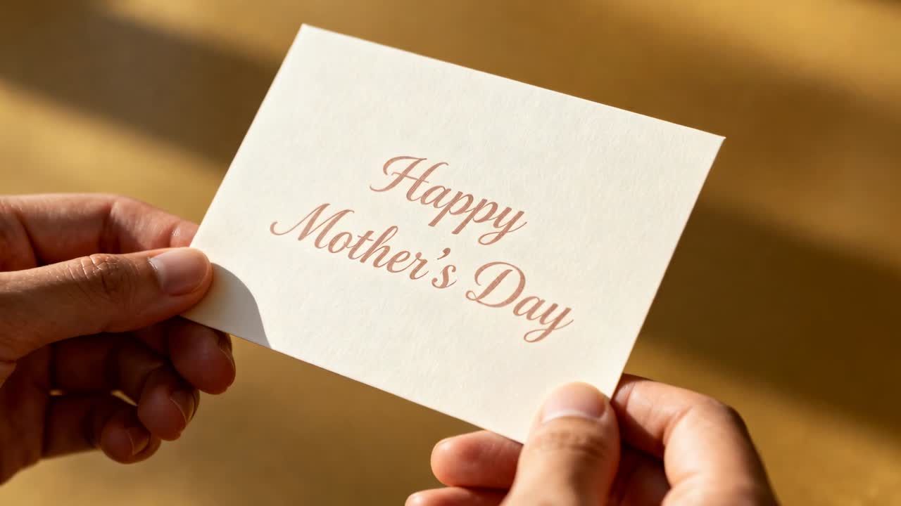 Hands shifting thumb, rotating card, revealing Happy Mother's Day text in warm sunlight for design