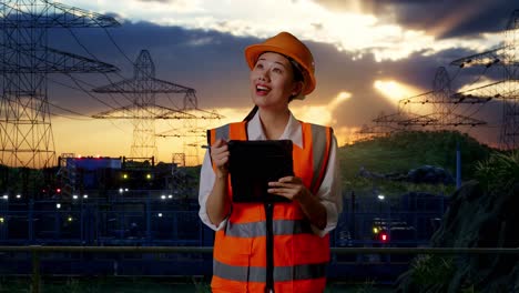 female engineer at power plant sunset