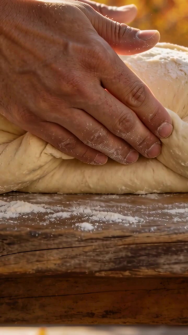 Vertical video: Pressing hands folding and smoothing dough on wood board with flour for shaping