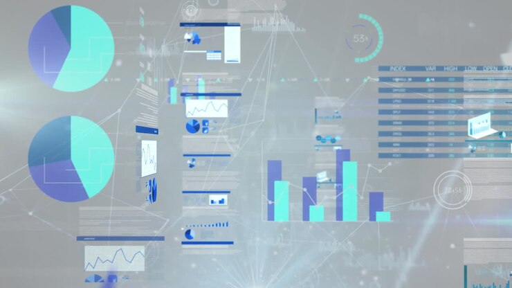 Animation of data processing and network of connections on black background