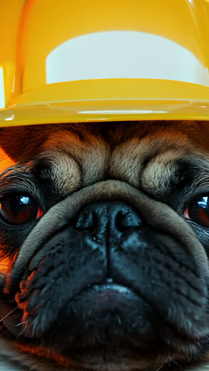 A small dog wearing a yellow hard hat. The dog is looking at the camera with a sad expression
