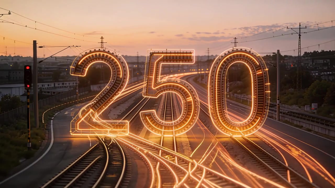 Treni e veicoli in movimento che creano scie luminose al crepuscolo su un incrocio ferroviario, con un bagliore di 250.