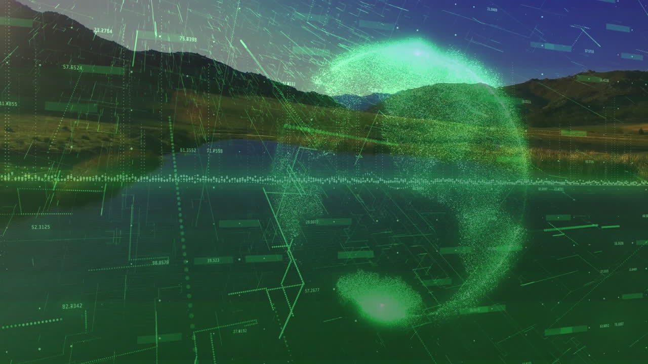 Digital landscape with green data processing animation over mountain scenery