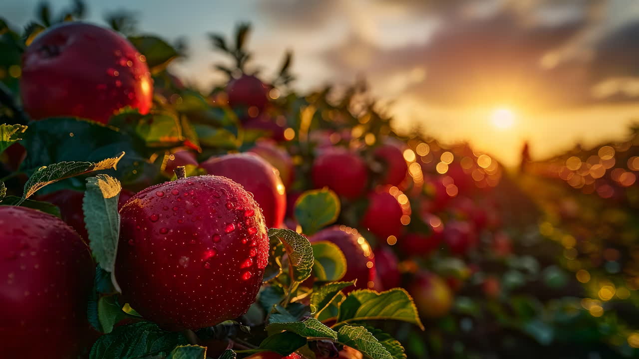 Red apples glistening in sunset light. Bright red apples with droplets sit on trees in a field during sunset, creating a vibrant scene full of nature's beauty