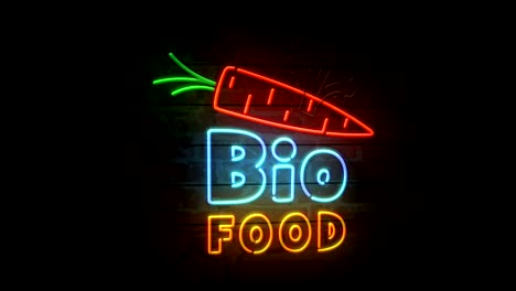 bio food neon on brick wall