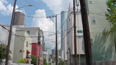 view of downtown houston, texas skyscrapers from historic forth ward area