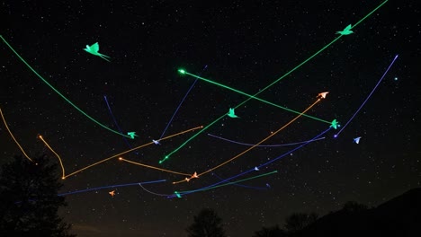 Brilliant Light Trails and Colorful Patterns in the Night Sky Captured by Long Exposure Photography, Showcasing Artistic Visualizations of Celestial Movement