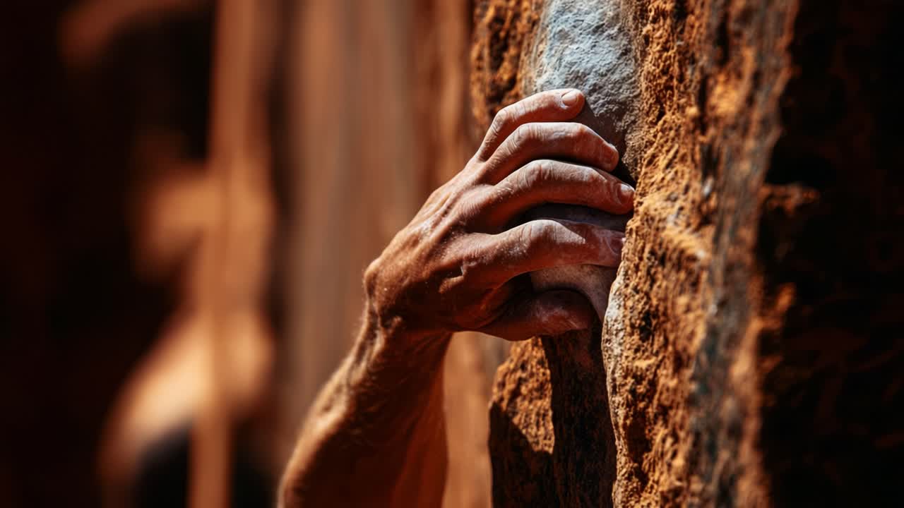 A close-up view of a climber's hand gripping a rocky surface, showcasing the determination and skill required in rock climbing, as well as the raw beauty of nature's formations
