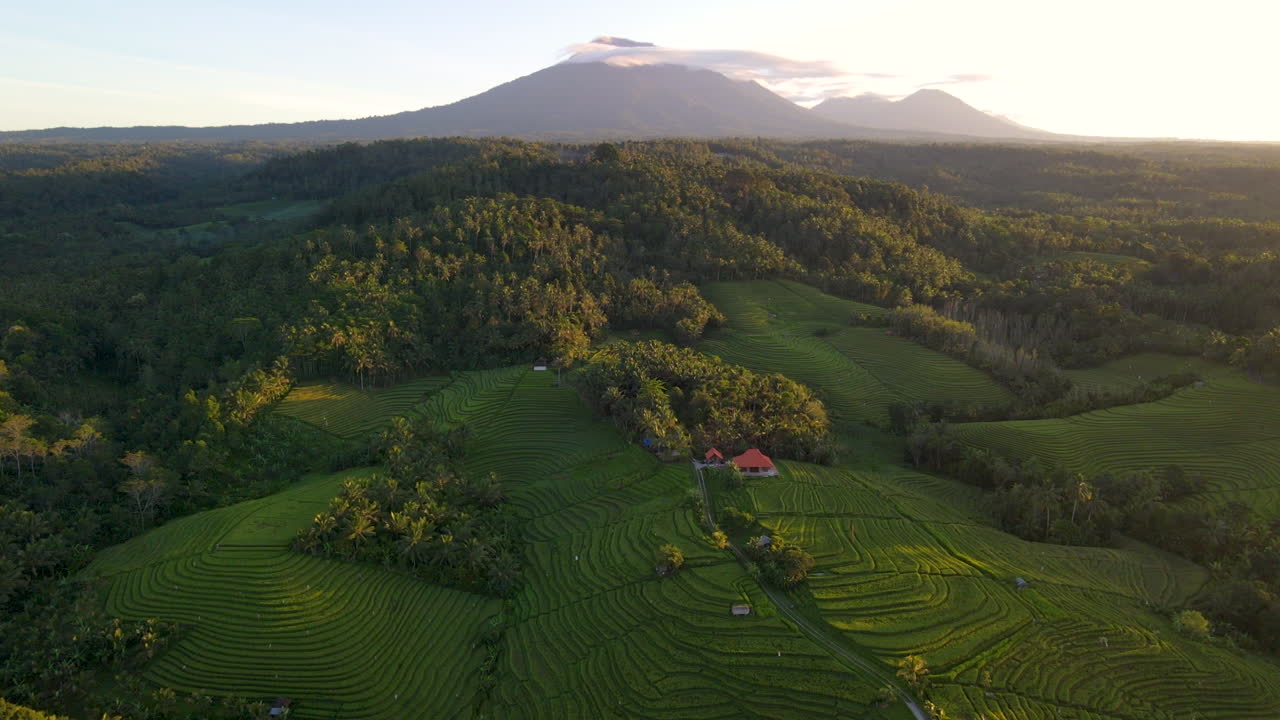 estructura rodeada de terrazas de arrozales con silueta de montaña al fondo en bali, indonesia