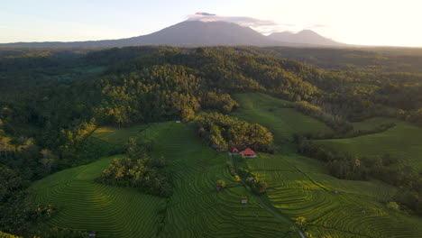 Struktur,-Umgeben-Von-Reisfeldterrassen-Mit-Silhouettenberg-Im-Hintergrund-In-Bali,-Indonesien