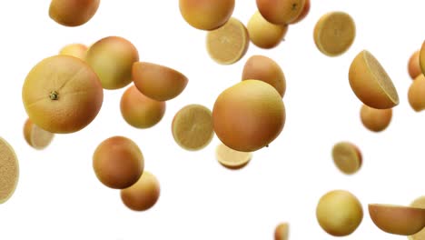 naranjas cayendo lentamente sobre un fondo blanco
