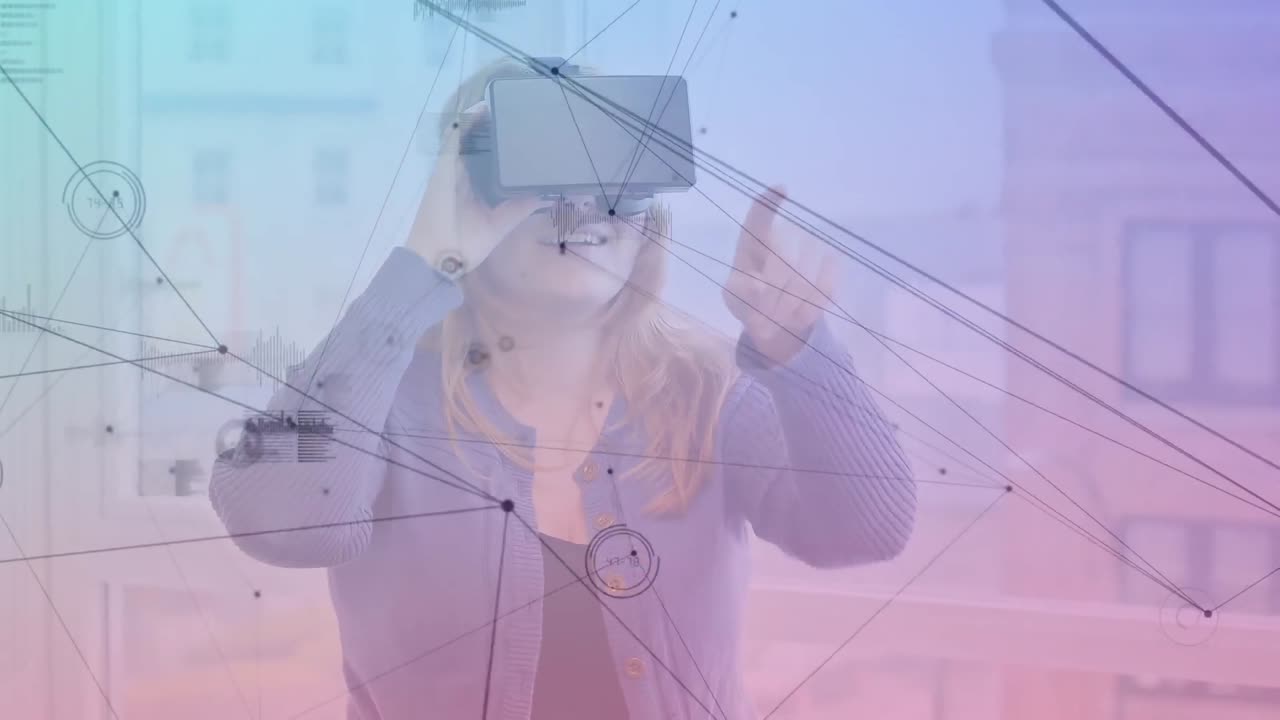 Woman swiping her fingers while wearing a virtual reality headset