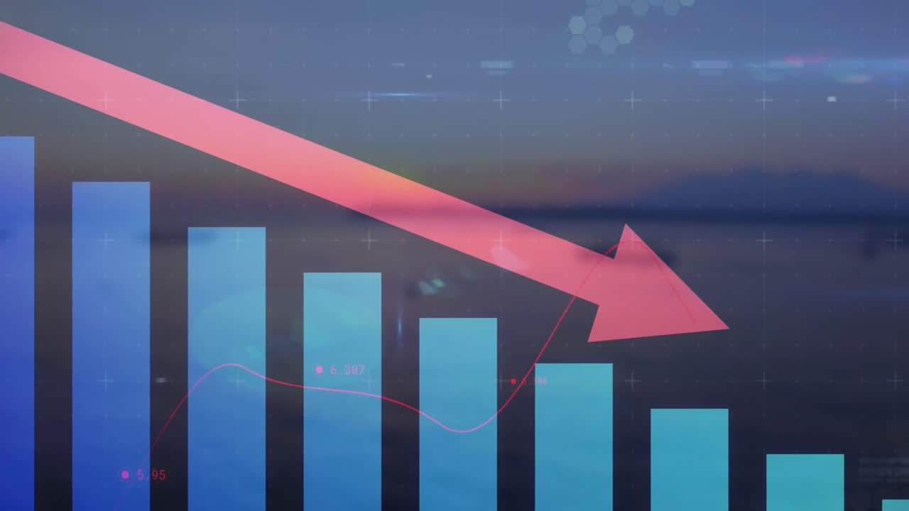 하늘을 상대로 바다 위에 렌즈 플레어와 함께 떨어지는 바 그래프에 화살표의 애니메이션