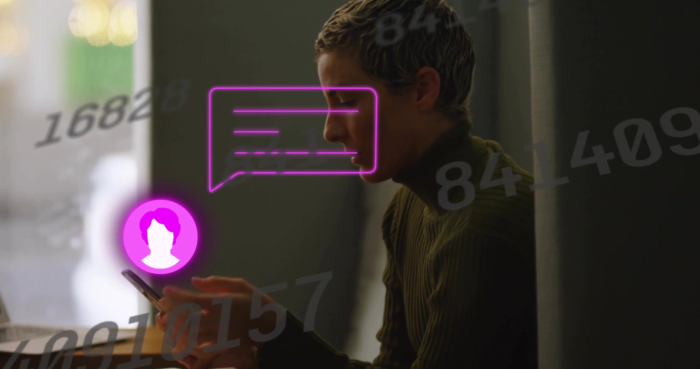 Woman reading messages on phone in booth as magenta bubble appearing, avatar floating data for tech